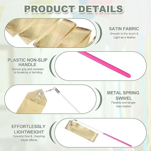 YELARXI 2 Pcs Dance Ribbons, 78.7" Sparkly Gymnastics Ribbon Streamers, Rhythmic Dance Twirling Sticks with Non-Slip Pink Wand -Fitting for (Gymnastics/Talent Shows/Artistic/Party) Gold thumbnail 3