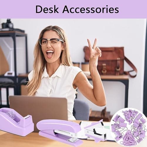 suniya Office Supplies,Desk Accessories,Tape Holder,Stapler,Scissor,Staple Remover,Box of Binder Clips,Staples,Ballpoint Pen,Lndex Tabs,Clear Tape,Office Supplies Set(Purple) thumbnail 6