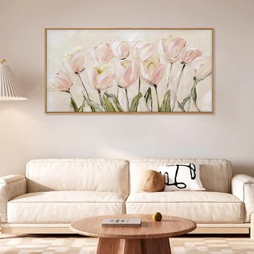 CHDITB Tulip Floral Framed Canvas Wall Art, 20"X40" Watercolor Flower Pink Tulip Textured Oil Painting, Modern Wildflower Wall Decor, Large Pink Floral Artwork for Living Room, Bedroom, Office thumbnail 2