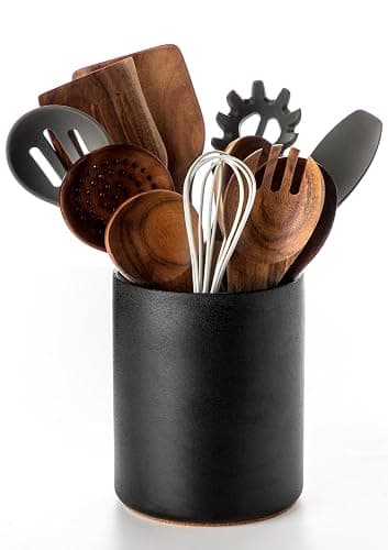 Nucookery Utensil Holder, 6.4" Ceramic Kitchen Utensil Holder with Countertop-Protection Cork Bottom, Farmhouse Kitchen Decor for Counter, Christmas Gift (Stone Black) - Image 1