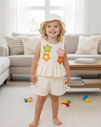 SODLON Baby Girl Clothes Infant Toddler Summer Outfits Clothing Sleeveless Ruffle Tank Top Shorts Sets with Hat for Girls thumbnail 2