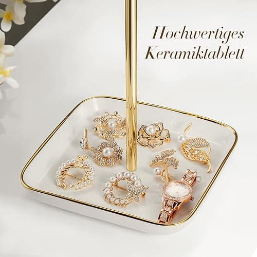 Jewelry Holder Stand with Ceramic Base: 12" Tall Necklace Organizer Rack, Tree Design Display Storage for Necklaces, Bracelets, Rings, Earrings, Aesthetic Room Décor for Girls and Women, Gold thumbnail 4