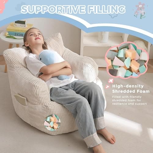 MAXYOYO Kids Bean Bag Chair, Stuffed Toddler Bean Bag Sofa with Filler Bean Bag Chair for Boys and Girls, Lazy Sofa with Pocket Floor Chair for Gaming, Reading, Beige thumbnail 3