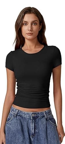 QINSEN Short Sleeve Shirts for Women Round Neck Basic Double Lined Tees Fitted Y2k Crop Tops thumbnail 6