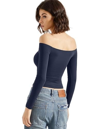 SUUKSESS Women Off Shoulder Double Lined Long Sleeve Shirts Basic Going Out Tops thumbnail 2