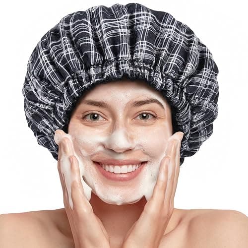 Shower Cap for Women Terry Lined Bath Cap Large Reusable Waterproof Elastic Black Plaid Shower Caps for Long Thick Hair Soft Bath Shower Hair Caps thumbnail 7