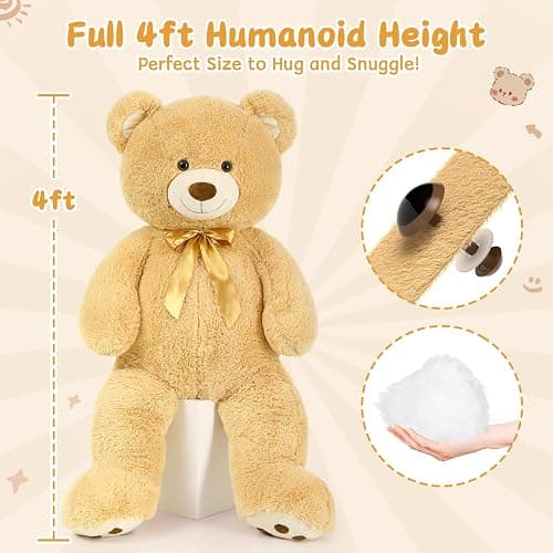 MorisMos 47inch Giant Teddy Bear Stuffed Animal 4ft, Large Teddy Bear Plush, Big Stuffed Bear Gifts for Kids, Girls, Girlfriend, Women on Baby Shower, Valentine, Christmas, Birthday (Light Brown thumbnail 2