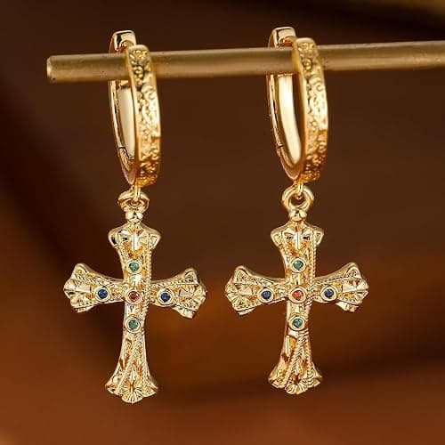 14K Gold-tone Cross Hoop Dangle Earrings Lightweight Cross Dangle Drop Earrings For Men Women Hypoallergenic (EA001) thumbnail 5