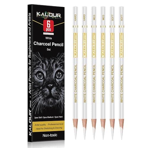 KALOUR White Charcoal Pencils Drawing Set, Professional 6 Pieces White Sketch Pencils for Drawing, Sketching, Shading, Blending, Chalk for Beginners & Artists - Image 1
