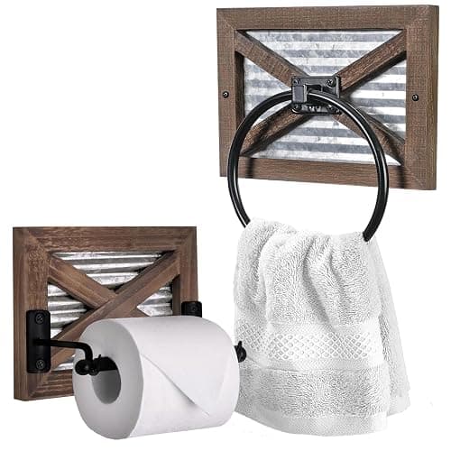 Autumn Alley Farmhouse Toilet Paper Holder and Rustic Towel Holder Set, Wall Mount, Rustic Wall Toilet Paper Holder and Bathroom Hand Towel Holder Decor, Wooden Brown - Image 1