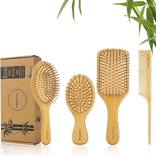 DEBETOOL Bamboo Hair Brush and Comb Set for Women Men and Kids,Natural Bamboo wood Wide-tooth brush and tail comb - Paddle Detangling Brush for Wet Dry Curly Hair - Close tooth