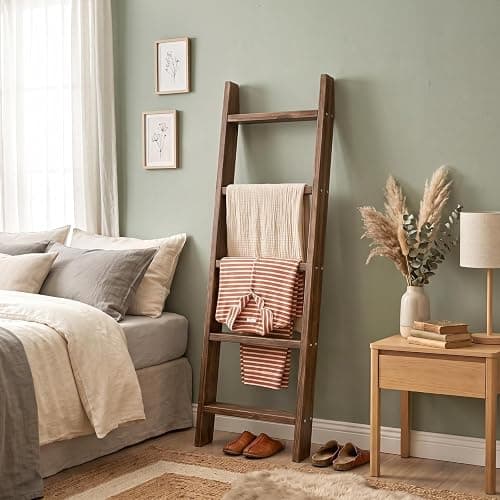 MyGift 4ft Tall Rustic Burnt Natural Wood Wall Leaning Blanket Ladder Shelf with 5 Rungs, Decorative Living Room Throw and Quilt Holder, Farmhouse Bedroom Decor thumbnail 5