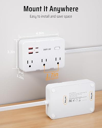 DEPOW Surge Protector Power Strip, 3 FT Extension Cord with 6 AC Outlets(1625W/13A) 4 USB Ports,1050J Surge Protection, Wall Mountable Charging Station for Office, Home, White thumbnail 8