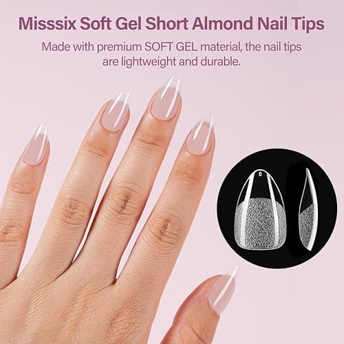 Misssix Short Almond Gel Nail Tips Kit, 360Pcs Pre Etched Clear gel x Fake Nails, Full Cover False Nail 9-in-1 Gel Glue and Portable Mini U V Nail Lamp for Women 12 Sizes thumbnail 3