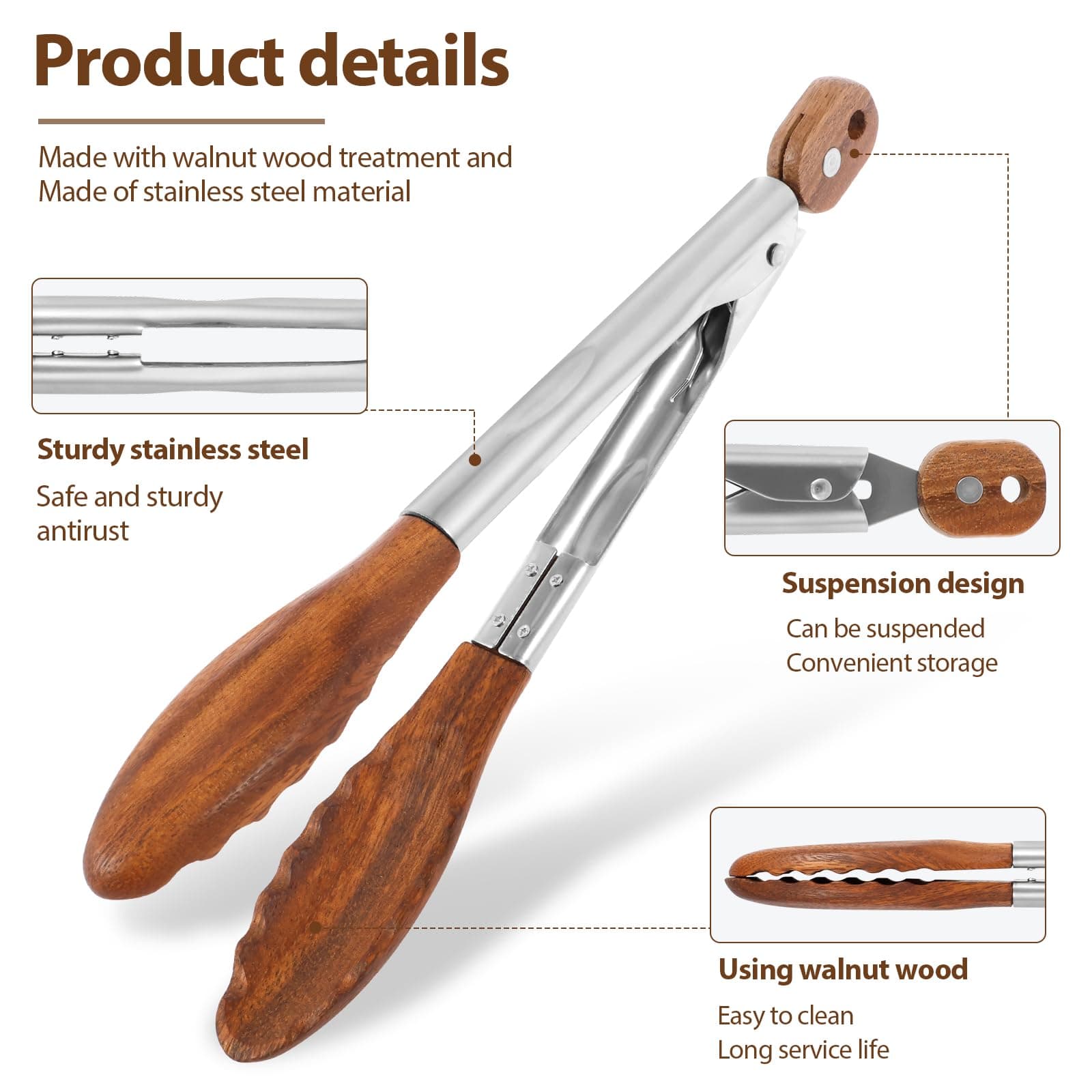2 Pcs Walnut Wooden Kitchen Tongs Wood Food Tongs Salad Tongs with Wooden Tips, Locking Tongs Wood Serving Tongs for Flipping Cooking Grilling thumbnail 2