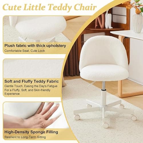 VINGLI Modern Vanity Chair with Back, Velvet Desk Chair for Girls, Small Office Chair with Silent Wheels， Stylish and Comfortable, White thumbnail 4