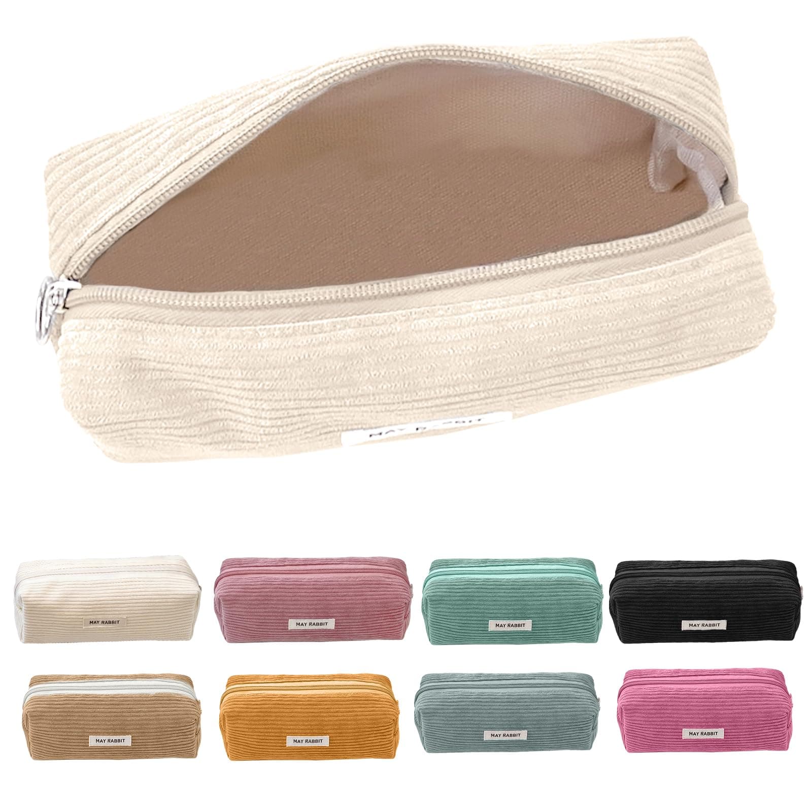 Electri-HQ Pencil Case Corduroy Portable Ribbed Pencil Case with Practical Zip for School, Home and Office, Light, cream, Simplicity - Image 1