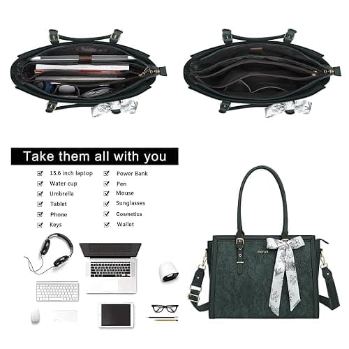 MOSISO Laptop Bag for Women, PU Leather Tote Bag, Front Embossed Retro Hibiscus Computer Bags with Silk Scarf&Clutch Purse thumbnail 5