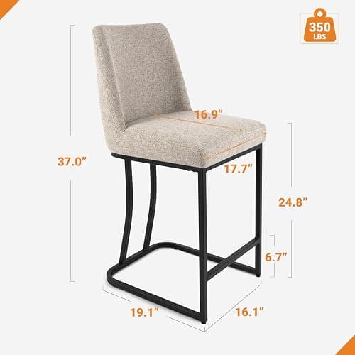 KRAMZMING Counter Height Bar Stools Set of 4, 24 Inch Seat Height Bar Chairs for Kitchen Island, Linen Fabric Upholstered Barstools with Metal Feet for Dining Room, Sand Color thumbnail 2