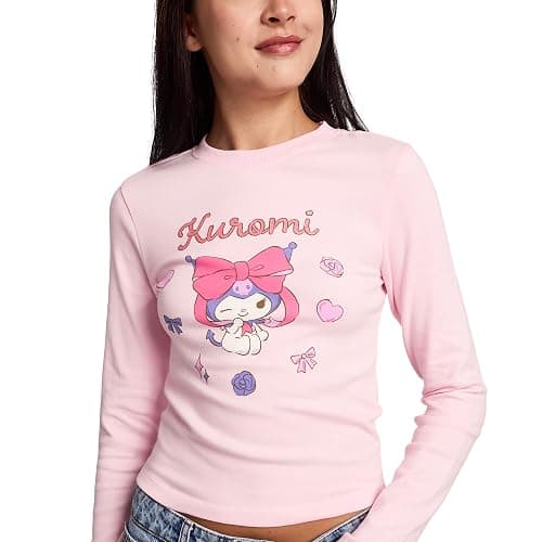 Bioworld Kuromi Character & Hearts Women's Cradle Pink Long Sleeve Baby Tee thumbnail 2