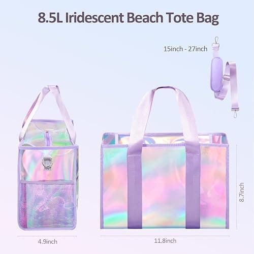 Beach Bag 26L Large Iridescent Waterproof Beach Tote Bag for Women with Zipper & Phone Pouch Sand/Tip-Proof Crossbody thumbnail 3