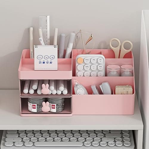 YUTAOWH Makeup Organizer with Drawers, Cosmetic Storage for Dresser Vanity and Bathroom Countertop, Beauty Holder for Lipstick Brush, Skincare Organizer for Brushes, Lotions, Lipstick (Pink) thumbnail 7