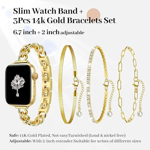 Slim Golden Band and 3Pcs 14k Golden Bracelet Set Women Feminine Elegant Compatible with Apple Watch 38/40/41/42mm(S10/11) Adjustable Metal Dressy Strap for iWatch Series 11/10/9/8/7/6/5/4/SE/3/2/1 thumbnail 2