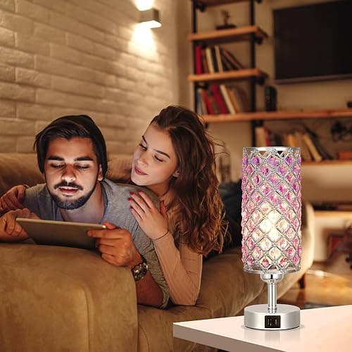 Hong-in Purple Lamp for Girls Room-Crystal Touch Lamp with USB-C+A Ports,3 Way Dimmable Bedside Light with Crystal Shade for Bedroom Home Office thumbnail 4