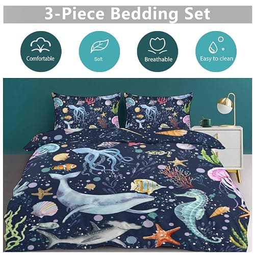 Lnepty Kids Shark Bedding Set,Cartoon Sea Underwater Ocean Whale Turtle Seaweed Blue Funny Marine Animal Kids Toddler Comforter Set with Pillowcase for Bedroom Bed Decor,Twin 86"x70" thumbnail 4