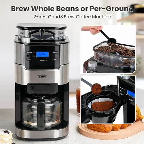 Gevi 10-Cup Coffee Maker with Built-in Burr Grinder, Programmable Timer, 1.5L Water Tank, Reusable Filter & Warming Plate – Drip Coffee Machine for Fresh Ground Coffee thumbnail 4
