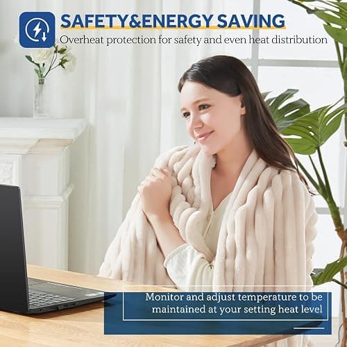 SEALY Electric Blanket Heated Throw, Soft Cozy Ribbed Flannel to Sherpa Reversible Safe Heating with 6 Heat Settings & 2-10 Hours Auto-Off Over-Heat Protection, Machine Washable, 50"x60" Beige thumbnail 3