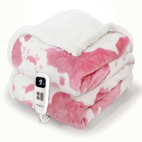 blunique Cow Print Heated Throw Blanket Electric Blanket-Heating Blanket Throw with 10 Heat Levels & 10 Hours Auto-Off, Cozy Soft Fleece Sherpa, Washable, 50 x 60 Inches Cow Print Pink - Image 1
