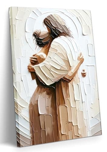 Jesus Embracing Woman Canvas Wall Art, Safe in His Arms Pictures Canvas Print Posters Wall Decor, Christian Wall Art Home Decor for Living & Prayer Room 12x16 inch Framed - Jesus protects - 16L" x 12W" - Image 1