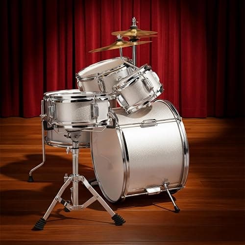 EPOFIT 14-Inch Kids Drum Set, 5-Piece Junior Beginner Drum Set for Kids with Cymbals, Adjustable Stool, Two Pairs of Drumsticks, Pedal & Screw Wrench – Silver thumbnail 2