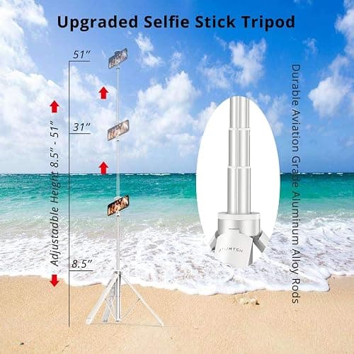 ATUMTEK 51" Selfie Stick Tripod, All in One Extendable Phone Tripod Stand with Bluetooth Remote 360° Rotation for iPhone and Android Phone Selfies, Video Recording, Vlogging, Live Streaming, White thumbnail 2