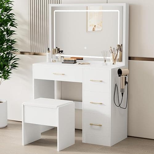 Vanity Desk with LED Mirror, 4 Drawers, and Blow Dryer Rack – White Makeup Vanity with Smart Lighting, Comfortable Stool, and Plug Socket | Vanity Desk with Storage, Makeup Vanity with Drawers - Image 1