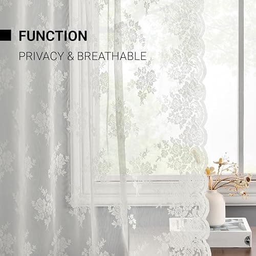 Kotile Ivory Lace Curtains 84 Inches Long - Vintage Embroidered Floral Sheer Lace Curtains for Living Room, Scalloped Privacy Sheer Curtain for Windows, 52 x 84 Inch, 2 Panels, Ivory thumbnail 5