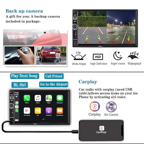 Double Din Car Stereo Radio Compatible with Apple Carplay and Android Auto, 7-Inch HD Touchscreen with Voice Control, Mirror Link, Backup Camera, Steering Wheel, Bluetooth, FM, USB/TF/AUX Port thumbnail 3
