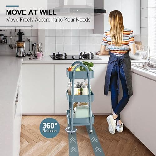 3 Tier Utility Rolling Cart, EAGMAK Metal Storage Cart with Handle and Lockable Wheels, Multifunctional Storage Organizer Trolley with Mesh Baskets for Kitchen, Living Room, Office, Garage (Blue) thumbnail 5