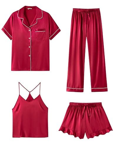 SAPJON Silk Pajamas for Women Set 4Pcs Ruffled Satin Pajamas Set Button Down Short Sleeve Cami Shorts Sleepwear Pj Set - Image 1
