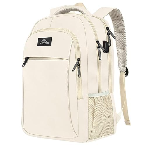 MATEIN Beige Laptop Backpack 15.6 Inch, Lightweight Sturdy Bag for College Supplies with USB Charging Port, Water Resistant Anti Theft Travel Computer Daypack Fashion Work Nurse Bag Gift for Women - 15.6 Inch - Beige