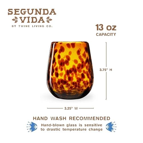 Segunda Vida Tortuga Hand Blown Wine Glasses, Recycled Mexican Glassware with Tortoise Shell Pattern, Stemless Drinking Glasses for Wedding Gifts, Housewarming, Cocktail Party, 13 oz Set of 2 thumbnail 3