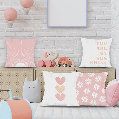 FLDAS Preppy Pillow Covers 18x18 Set of 4, Boho Preppy Pillow Cases, Pink Nursery Decor, Pink Preppy Decor, You are My Sunshine Heart Daisy Floral Preppy Throw Pillow Covers,You are My Sunshine Gifts thumbnail 4
