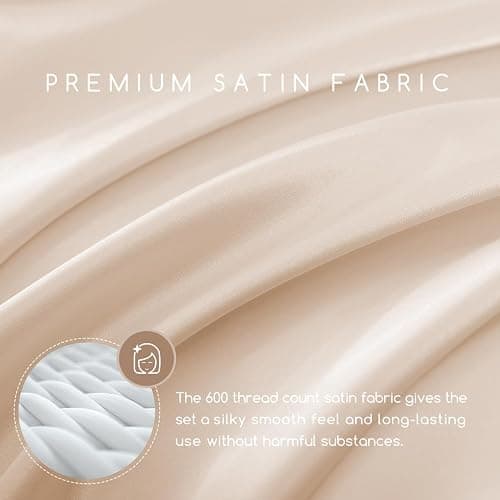 MR&HM Satin Bed Sheets, Queen Size Sheets Set, 4 Pcs Silky Bedding Set with 15 Inches Deep Pocket for Mattress (Queen, Beige) thumbnail 2