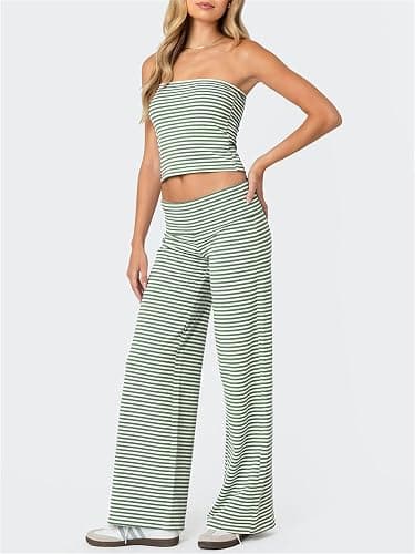 Sunloudy Women's Striped Fold Over Pants Elastic Waist Straight Leg Yoga Sweatpants Stretchy Foldover Lounge Leggings thumbnail 2