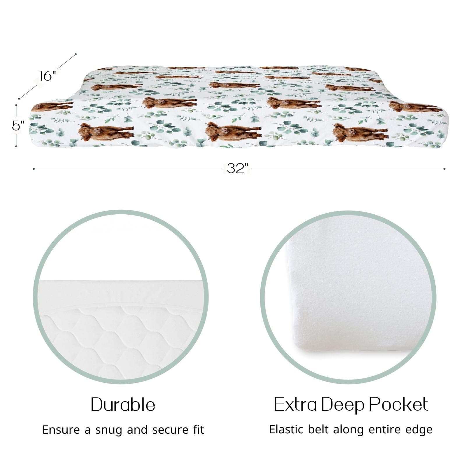 HawSkgFub Highland Cow Eucalyptus Leaf Changing Pad Cover for Baby Girl Boy, Natural Western Farm Animal Diaper Change Table Covers, Soft Stretchy Safe Snug Fitted Changing Mat Sheet Fit 32"/34" x 16" thumbnail 2