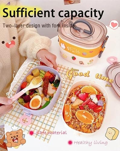 Paidideng Kawaii Bento Box Bento Lunch Box with Lunch Bag,Tableware,Biscuit bags,2 Layers Stacked Leakproof Cute Lunch Box,for Travel,Office,Gym. (purple) thumbnail 4