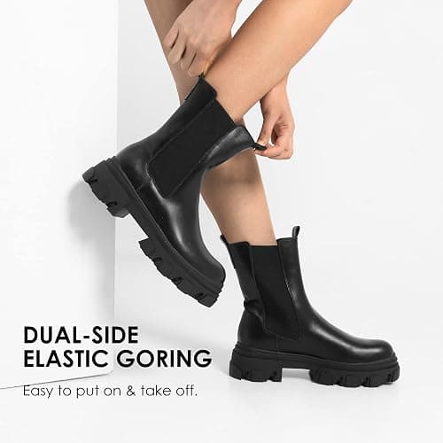 DREAM PAIRS Women's Platform Chelsea Boots Lug Sole Combat Mid Calf Slip On Chunky Ankle Booties - 11 - Black/Pu thumbnail 3