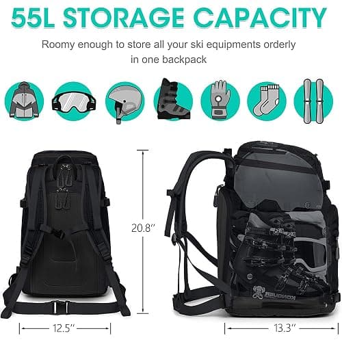 SEMSTY Ski Boot Bag, 55L/70L Waterproof Ski and Snowboard Boots Travel Backpack for Skis, Snowboard, Ski Helmet, Goggles, Gloves & Accessories thumbnail 2
