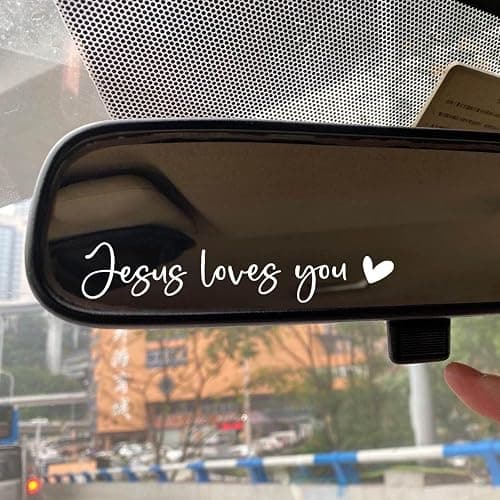 Christian Decal, Rear View Mirror Decal, Faith Car Mirror Sticker, Bible Verse Christian Gift, Decals for Women, Religious Car Accessories, 2 Pack (Jesus Loves You, White) thumbnail 2